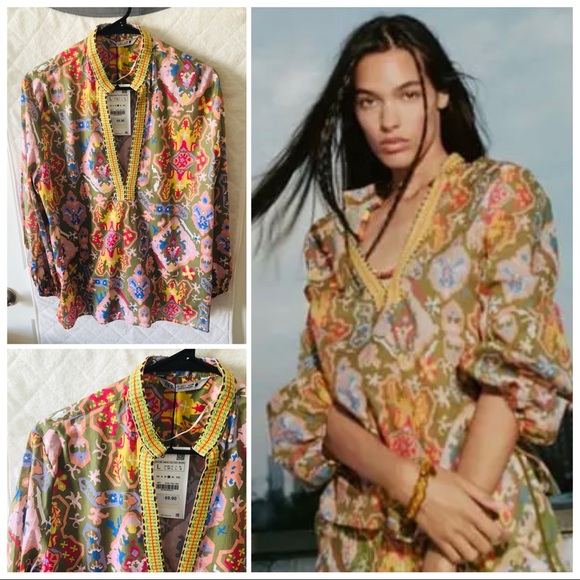 NWT ZARA LONG SLEEVE PRINTED BLOUSE - Picture 1 of 12